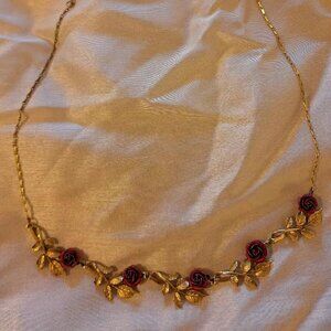 Red Rose and Gold Leaves Necklace